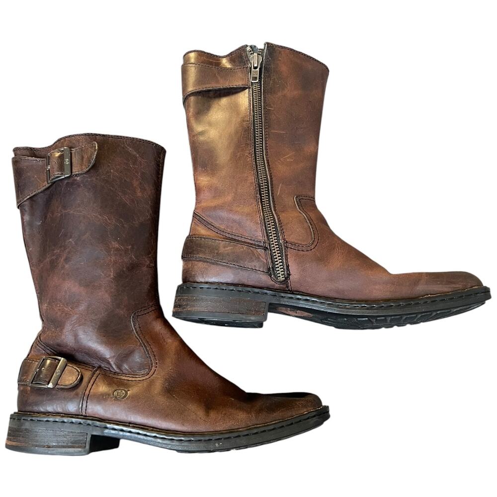 Born Brown Leather Engineer Moto Boots Side Zip Harness Men’s 9.5 / EU 43